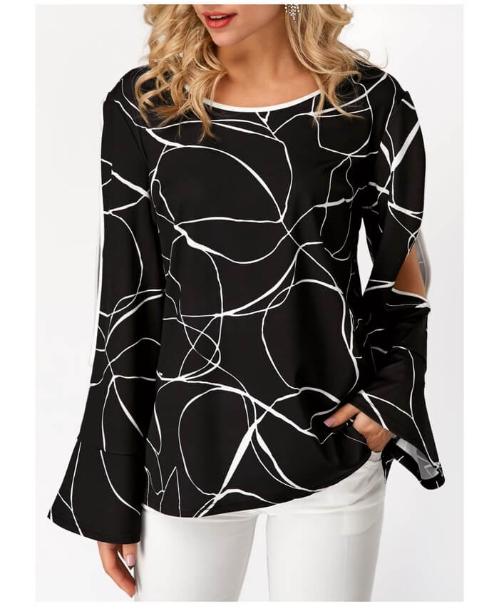 Split Sleeve Printed Flare Cuff Blouse